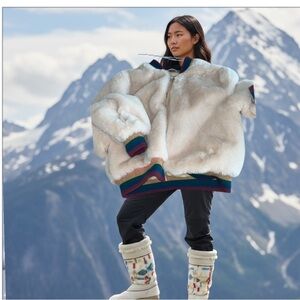 Spiritual Gangster Cream Furry Bomber Jacket with Multicolor Trim